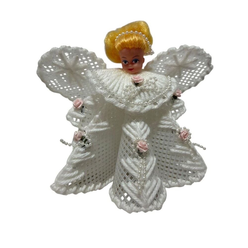 Plastic Canvas Vintage Christmas Angel Roses Blonde Hair Tree Topper Decor